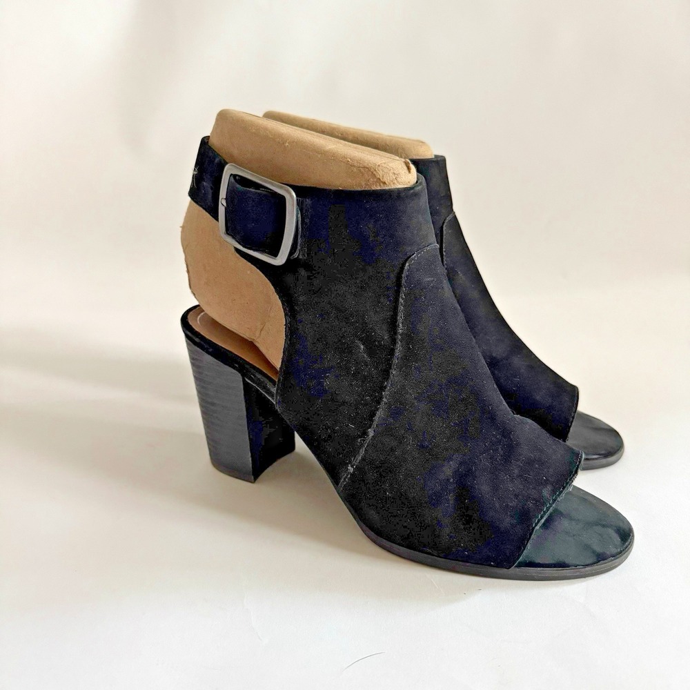 Vionic Blakely Bootie Peep Toe Heeled Booties Buckle 9 Black Suede Boho
